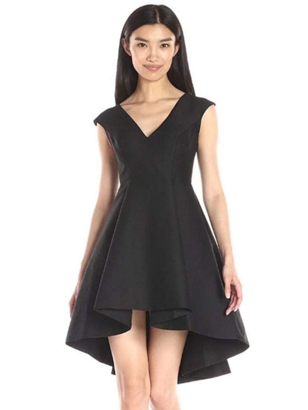 NWT Halston Heritage Women's Black V-Neck Cotton Silk High-Low Dress Size 10